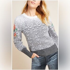 Anthropologie Karolina Sweater size Small Charcoal Floral Embroidered